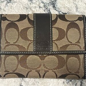 Coach Brown/Tan Signature Fold Wallet with Leather Trim
